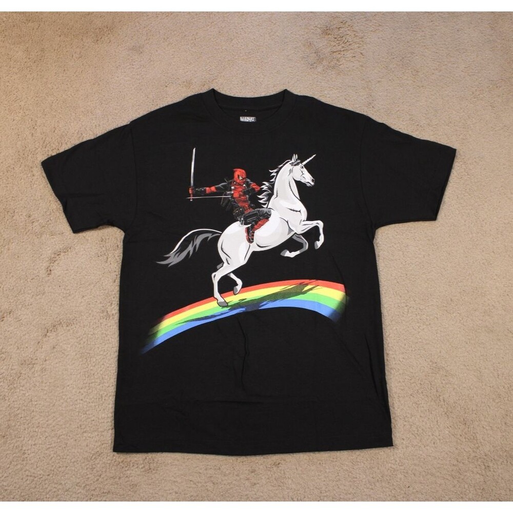 Marvel Deadpool Riding Unicorn Rainbow Graphic Tee (M) Black Cotton Licensed